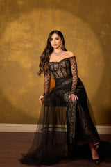 Elegant Black Off-The-Shoulder Long Sleeves Lace Tulle Prom Dresses Column With Zipper