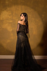 Elegant Black Off-The-Shoulder Long Sleeves Lace Tulle Prom Dresses Column With Zipper