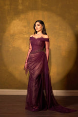 Romantic Grape Sweetheart Off-The-Shoulder Long Sleeves Lace Prom Dress Mermaid Beads With Zipper Ruffles