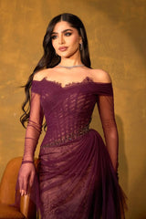 Romantic Grape Sweetheart Off-The-Shoulder Long Sleeves Lace Prom Dress Mermaid Beads With Zipper Ruffles