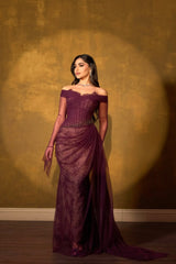 Romantic Grape Sweetheart Off-The-Shoulder Long Sleeves Lace Prom Dress Mermaid Beads With Zipper Ruffles