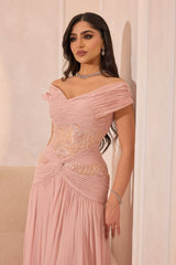 Pretty Pink V-Neck Off-The-Shoulder Chiffon Prom Dresses A-Line Beads With Pleats