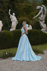 Minimalist Sky Blue Strapless Sleeveless Satin Prom Dresses A-Line Long With Pleats