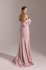Classic Dusty Pink Off-The-Shoulder Mermaid Satin Prom Dresses Column High Split With Zipper