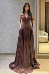 Romantic V-Neck Halter Sleeveless Prom Dresses A-Line Long With Pleats