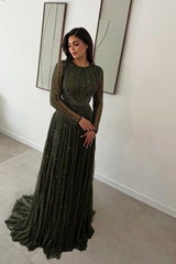 Elegant Jewel Long Sleeves Prom dresses Floor Length Beading With Pleats Zipper