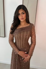 Glamorous Long Sleeves Mermaid Prom Dresses Column Beads With Pleats