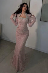 Pretty Pink Long Sleeves Mermaid Prom Dresses Column Pearl With Beads Pleats