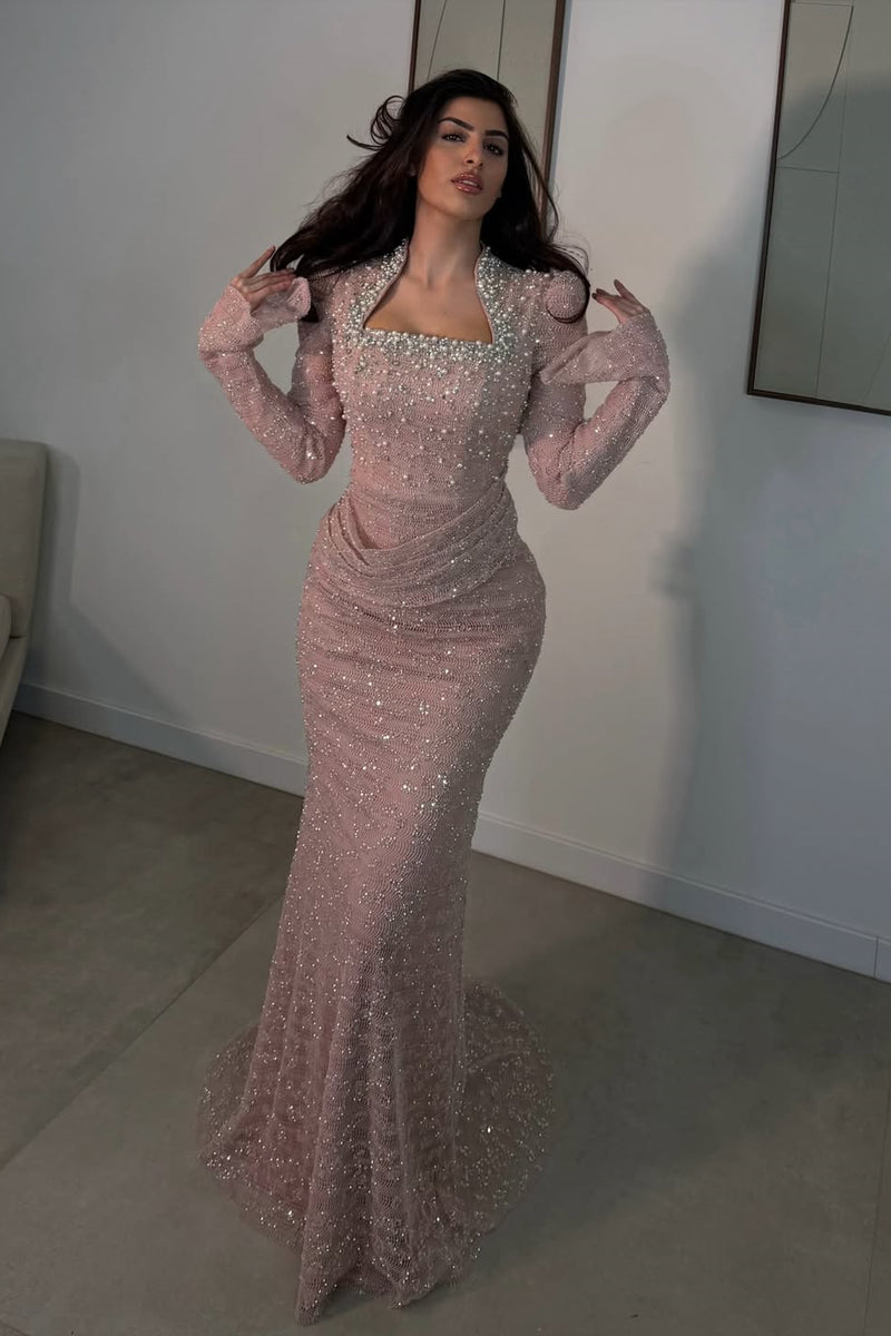 pink long sleeve pearl dress Long Sleeve Pearl Pink Prom Dress Off Shoulder Ball Gown Dress TP1059 US16 / Pearl Pink
