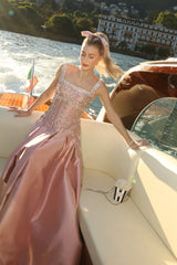 Elegant Dusty Pink Straps Sleeveless Satin A-Line Prom Dresses Beads With Zipper Pleats