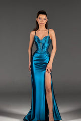 Stunning Blue Sweetheart Sleeveless Satin Prom Dresses Gem Side Split With Lace-Up Back