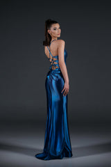 Stunning Blue Sweetheart Sleeveless Satin Prom Dresses Gem Side Split With Lace-Up Back