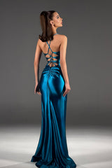 Stunning Blue Sweetheart Sleeveless Satin Prom Dresses Gem Side Split With Lace-Up Back