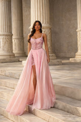 Timeless Pink Spaghetti Straps Sleeveless A-Line Chiffon Prom Dresses Gem With Beads