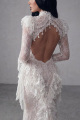 Charming White High Collar Long Sleeves Lace Prom Dresses Mermaid Backless With Pleats
