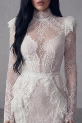 Charming White High Collar Long Sleeves Lace Prom Dresses Mermaid Backless With Pleats