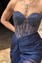 Stunning Dark Navy Sweetheart Strapless Sleeveless Chiffon Prom Dresses Beads With High Split