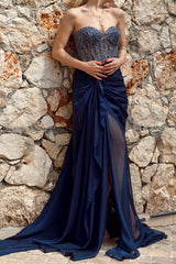 Stunning Dark Navy Sweetheart Strapless Sleeveless Chiffon Prom Dresses Beads With High Split