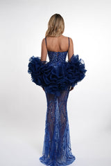 Stunning Blue Sweetheart Spaghetti Straps Sleeveless Mermaid Prom Dresses Beads With Lace-Up Back