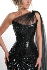 Elegant Black One Shoulder Sleeveless Sequins Mermaid Prom Dresses High Split With Lace-Up Back