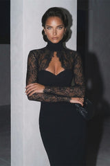 Graceful Black Sweetheart High Collar Long Sleeves Satin Lace Prom Dresses Mermaid Column With Zipper