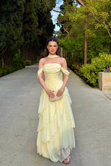 Chic Daffodil Off-The-Shoulder Chiffon Prom Dresses High Split With Lace-Up Back