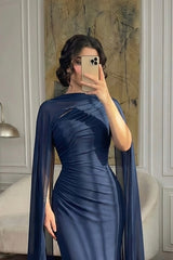 Elegant Dark Navy One Shoulder Mermaid Prom Dresses Sheath Long With Pleats