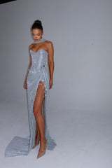 Stunning Silver Sweetheart Strapless Sleeveless Prom Dresses Mermaid Gem With High Split
