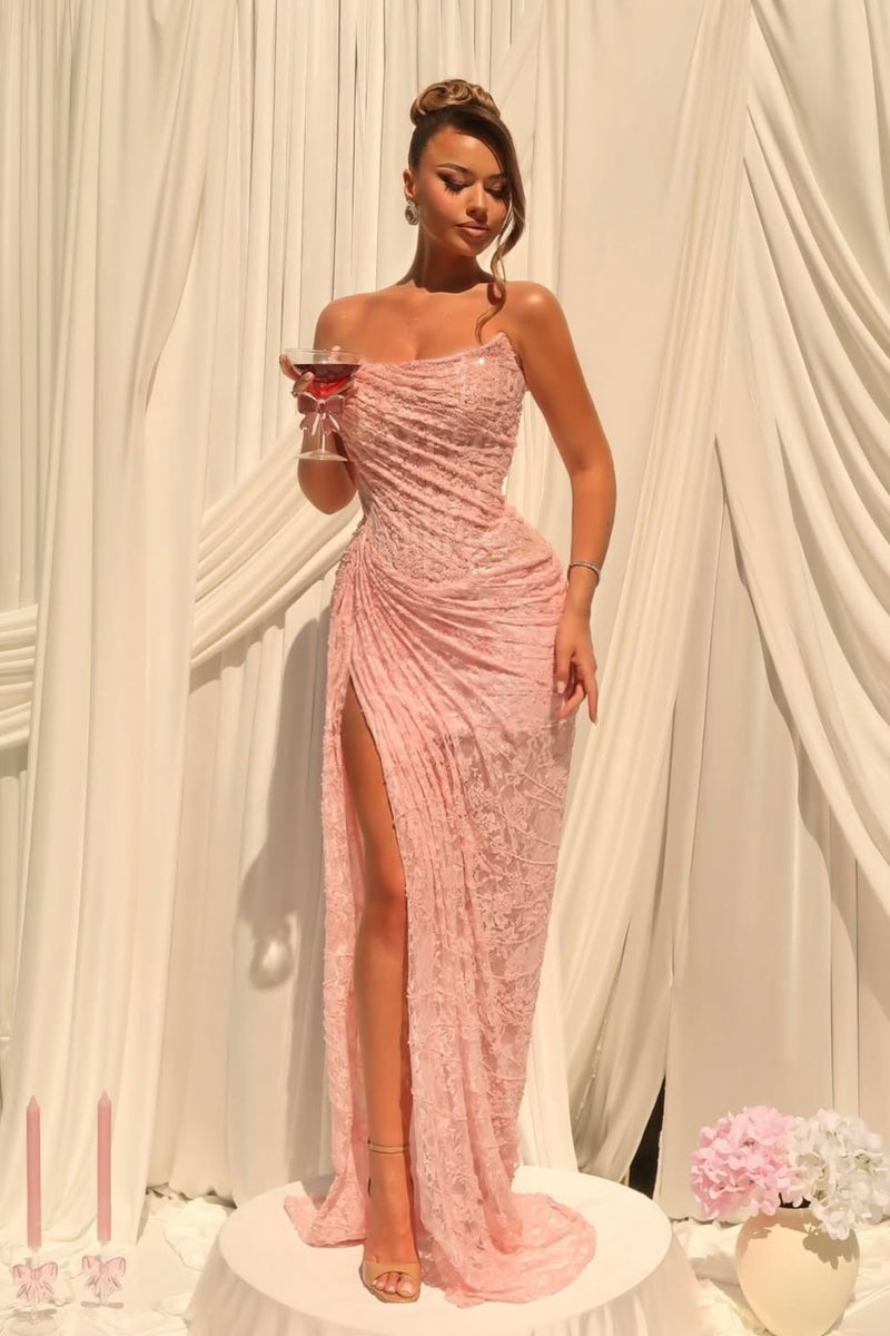 pink strapless lace dress Graceful Pink Strapless Sleeveless Lace Prom Dresses Mermaid High Spli – Ballbella