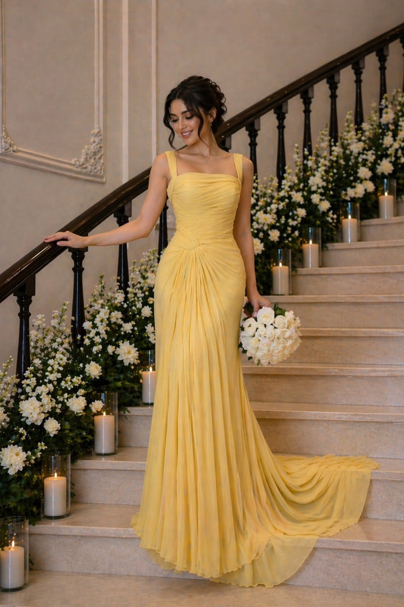 yellow chiffon dress for wedding Roveilla Plus Size Women's Summer Elegant Yellow Chiffon Maxi Dress,Wedding  Guest Sicily French Round Neck Waist Gathered Layered Ruffle Hem Dress