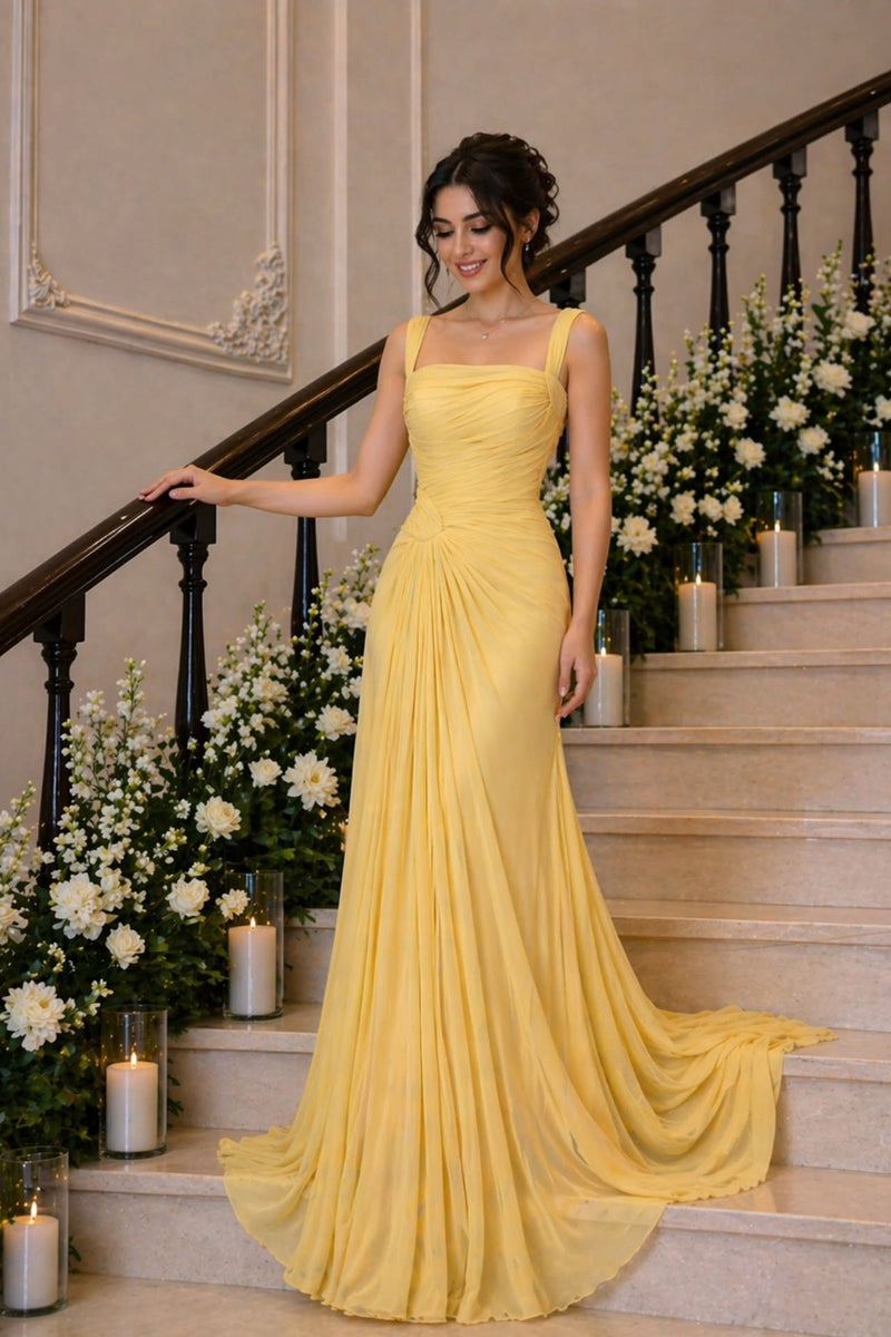 gold chiffon prom dress Graceful Yellow Straps Sleeveless Chiffon Prom Dresses Floor Length With Pleats