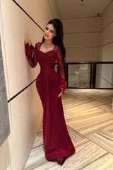Timeless burgundy Sweetheart Long Sleeves Satin Lace Prom Dresses Mermaid With Pleats