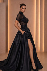 Charming Black High Collar Short Sleeves Satin Prom Dresses A-Line Gem With High Split