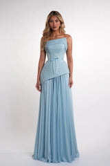 Charming Dusty Blue Strapless Sleeveless Chiffon Sequins Prom Dresses Long With Lace-Up Back