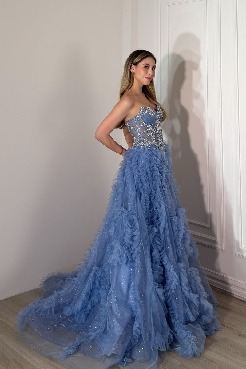 Elegant Blue Sweetheart Strapless Sleeveless Tulle Prom Dresses A-Line With Beads