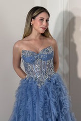 Elegant Blue Sweetheart Strapless Sleeveless Tulle Prom Dresses A-Line With Beads