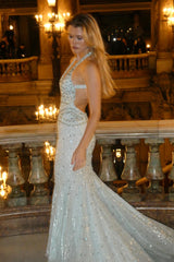 Charming Halter V-Neck Sleeveless Mermaid Prom Dresses Gem Backless With Zipper