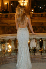 Charming Halter V-Neck Sleeveless Mermaid Prom Dresses Gem Backless With Zipper
