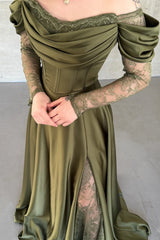 Romantic Green Long Sleeves Satin Prom Dresses A-Line High Split With Pleats