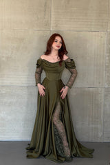 Romantic Green Long Sleeves Satin Prom Dresses A-Line High Split With Pleats