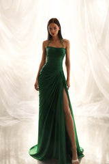 Elegant Emerald Green Halter Sleeveless Mermaid Prom Dresses Side Split With Pleats