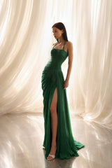 Elegant Emerald Green Halter Sleeveless Mermaid Prom Dresses Side Split With Pleats