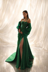 Elegant Emerald Green Halter Sleeveless Mermaid Prom Dresses Side Split With Pleats