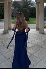 Glamorous Dark Navy Strapless Sleeveless Mermaid Prom Dresses High Split With Pleats