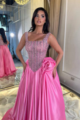 Dazzling Straps Sleeveless Satin Prom Dresses A-Line Gem With Pleats