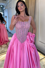 Dazzling Straps Sleeveless Satin Prom Dresses A-Line Gem With Pleats