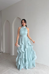 Romantic Halter Sleeveless Chiffon Prom Dresses Long With Pleats Ruffles