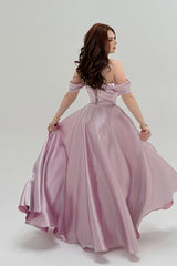 Graceful Chocolate Off The Shoulder Satin Prom Dresses A-Line Gem With Lace-Up Back