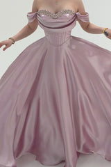 Graceful Chocolate Off The Shoulder Satin Prom Dresses A-Line Gem With Lace-Up Back