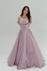 Graceful Chocolate Off The Shoulder Satin Prom Dresses A-Line Gem With Lace-Up Back